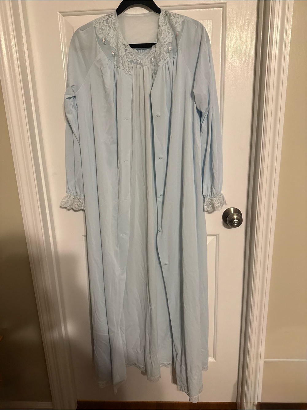 VTG Shadowline 2 Piece Peignoir Set S Light Blue Lace Nightgown Long Robe USA